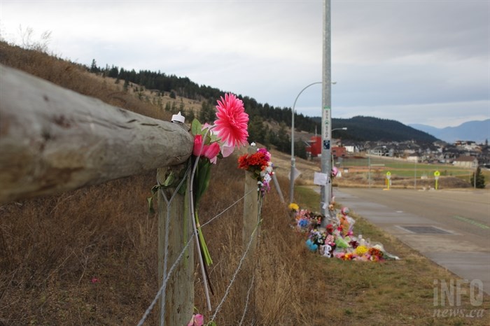 The roadside memorial for Jenn Gatey on Pacific Way near Abbeyglen Way in Kamloops.
