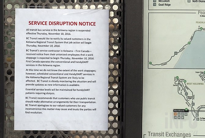 The striking Amalgamated Transit Union local 1722 posted this notice at bus stops in Kelowna, West Kelowna, Peachland and Lake Country.