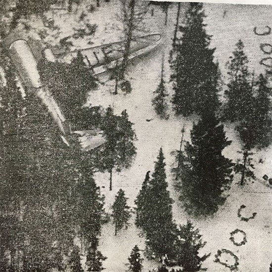 RCAF rescue aircraft's view of a Canadian Pacific DC-3 that crashed on Okanagan Mountain on Dec. 22, 1950.