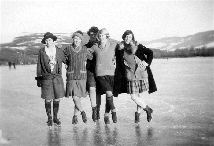 Skating on Long (Kalamalka) Lake. (left to right) Cathryn Simmons, Anna Fulton, Dorothy Price, Shiela Simmons, Eileen McNeil.