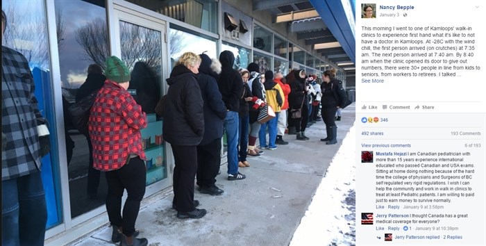 Kamloops-South Thompson NDP candidate Nancy Bepple's Facebook post has been shared nearly 500 times. She visited the Kamloops Urgent Care clinic where people were waiting outside in -28 C with windchill.