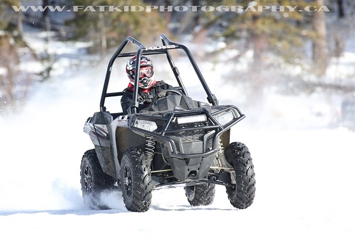 Stu Wymer racing his stock Polaris Ace 900 rubber class ATV at the 2017 Stake Lake ice races.