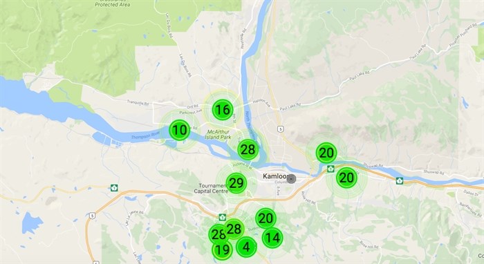 This still image taken from a PurpleAir map on Feb. 21, 2017 shows the various device locations and the fine particulate matter ratings around Kamloops.
