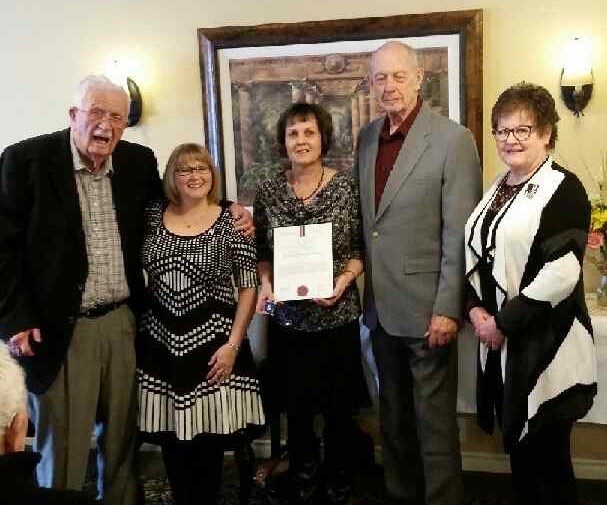 Angela Munson was awarded a Silver Life Saving Award from St. John Ambulance on Feb. 7, 2017. Pictured from left to right: Dr. Sterling Haynes, nominator Vicki Kascak, award recipient Angela Munson, Terry Keenan whose life was saved and Jean Chute with the St. John Society of B.C. and Yukon.