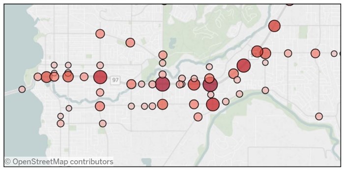 ICBC data shows Kelowna intersections where there were more than 10 collisions in 2015.