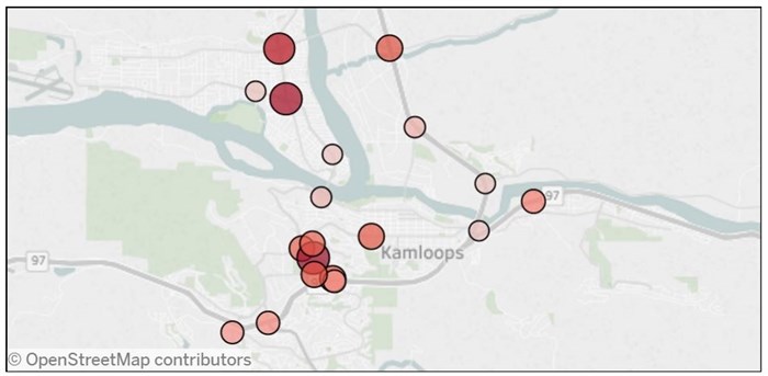 Kamloops crash map showing intersections that had more than 70 collisions in 2015.