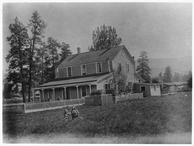 Ellis homestead in 1892 (the location today is on Windsor Ave. off Fairview Road in Penticton), looking much like what Archduke Ferdinand would have witnessed when he called on Penticton pioneer Tom Ellis for provisions for his hunting trip to Brent Mountain in 1893.

