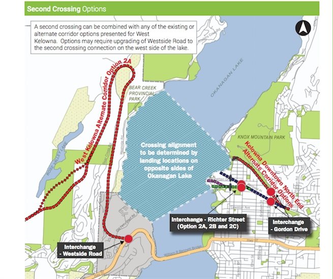 Options for a second crossing of Okanagan Lake were presented by the Ministry of Transportation at open houses held in the Kelowna area in 2017. 