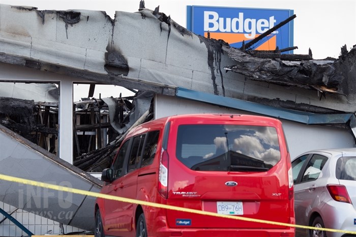 The Notre Dame Drive Budget Rental Car shop has been reduced to near rubble after a fire tore through the building early today, April 14, 2017. . 