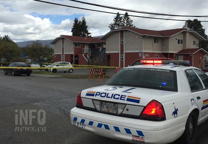 Police have cordoned off a housing complex at Comox St and Creston Ave this morning, Wednesday, April 26.