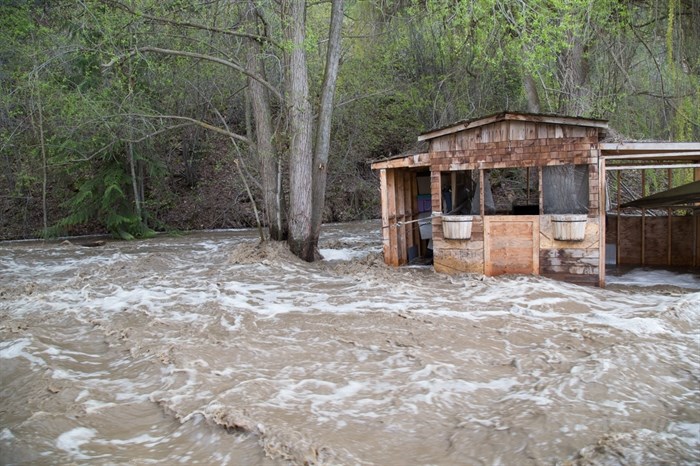 One of the out buildings on Corine LeBourdais’ property that was moved by the aggressive floodwaters from Cherry Creek. 