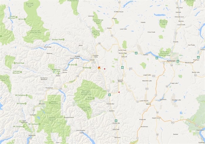 A wildfire is burning east of Lillooet on the east side of the Fraser River.
