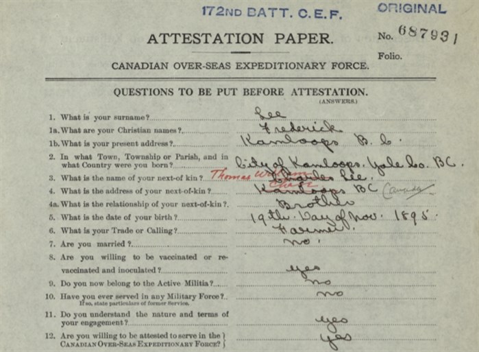 This is a portion of Frederick Lee's attestation papers when he volunteered to fight in WWI. 