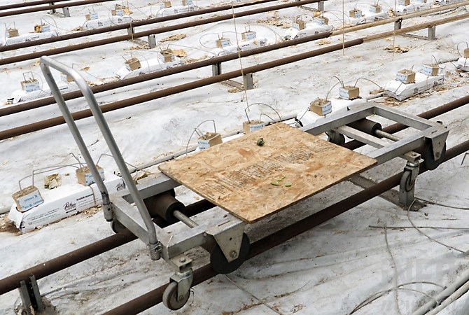Rutland Farm Market uses a rail system both to heat the greenhouse and carry a powered cart. 
