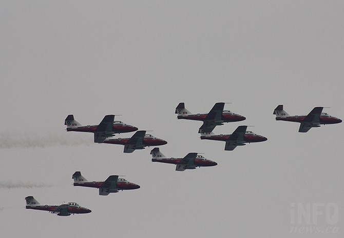 The Snowbirds' performance was hampered by smoky skies that reduced visibility, resulting in a limited show over Okanagan Lake on Aug. 9, 2017.