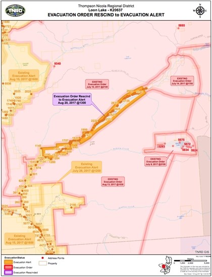 A map of the Loon Lake area that is being downgraded from and evacuation order to an evacuation alert.