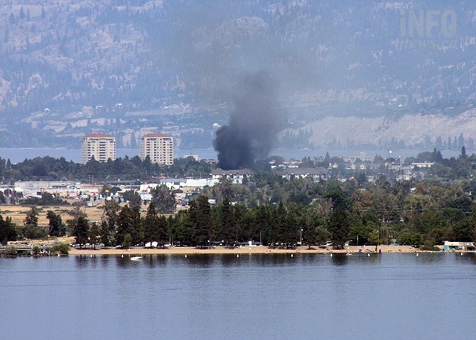 Smoke from a mobile home fire on Hastings Avenue in Penticton can be seen for kilometres, Monday, Aug. 28, 2017.
