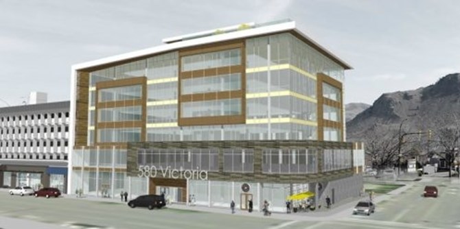 Pictured is an artist's rendition of the six-storey office building proposed for the corner of 6 Avenue and Victoria Street next to Hotel 540 in downtown Kamloops.