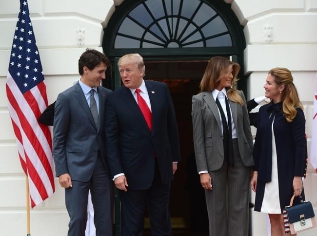 Prime Minister Justin Trudeau and his wife Sophie Gregoire Trudeau are welcomed to the White House by U.S. President Donald Trump and his wife Melania in Washington, D.C. on Wednesday, Oct. 11, 2017. 