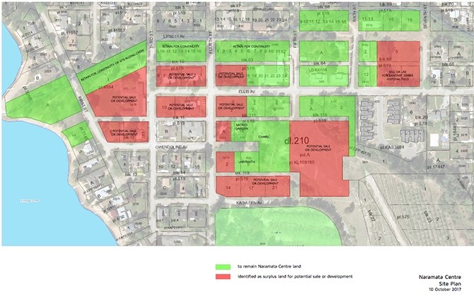 Naramata Centre board of directors have determined the properties shaded in red as potentially available for sale.