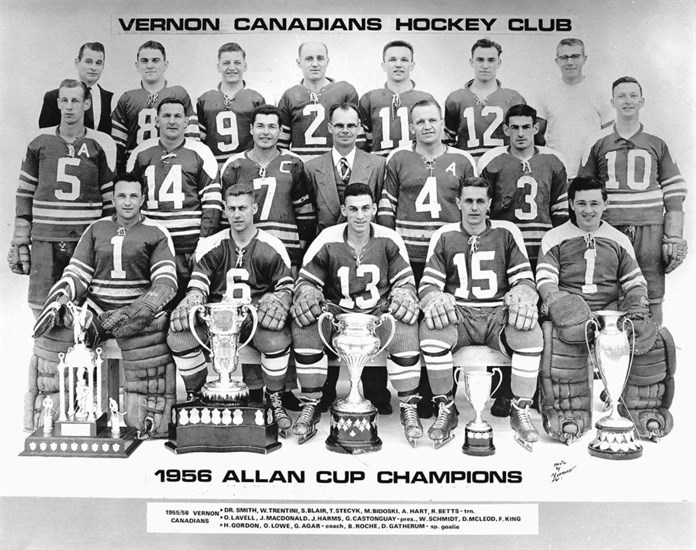 The 1956 Allan Cup champion Vernon Canadians will be honoured in a banner raising ceremony Friday night, Dec. 1, 2017 during a pre-game ceremony at Kal Tire Place where the Vernon Vipers take on the Trail Smoke Eaters.