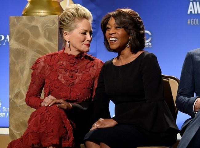 Sharon Stone, left, and Alfre Woodard appear at the nominations for the 75th Annual Golden Globe Awards at the Beverly Hilton hotel on Monday, Dec. 11, 2017, in Beverly Hills, Calif.