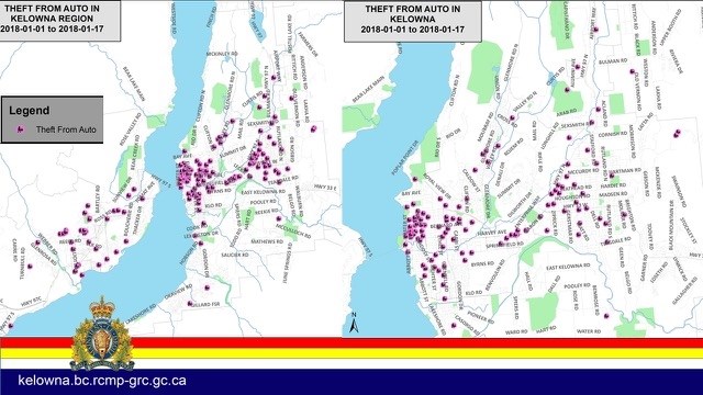 Kelowna Region crime maps which show the location of reported theft from auto incidents across the Central Okanagan. (Left Map) shows both Kelowna and West Kelowna. (Right Map) shows Kelowna.