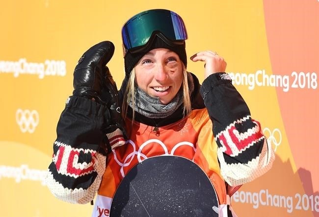 Laurie Blouin of Canada reacts to her score in the women's snowboard slopestyle final at the Phoenix Snow Park at the 2018 Winter Olympic Games in Pyeongchang, South Korea, Monday, Feb. 12, 2018.