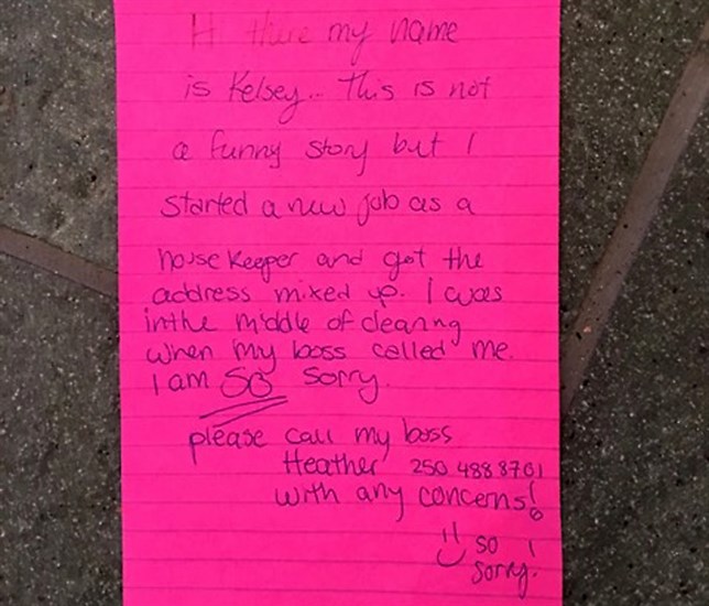 A Kelowna family will return home to this note, left after a new house keeper mistakenly cleaned the wrong house today, Feb. 15, 2018.