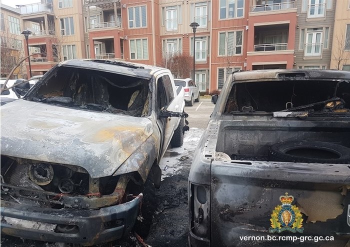 Police are investigating after three vehicles were damaged in a suspected arson over the weekend at the Strand Lakeside Resort on Okanagan Landing Road in Vernon, Saturday, March 24, 2018.