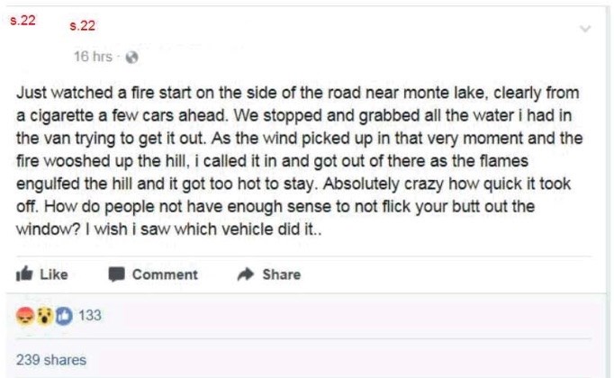 Facebook post referenced in an investigative report on the suspected cause of the Martin Mountain Wildfire in 2017. 