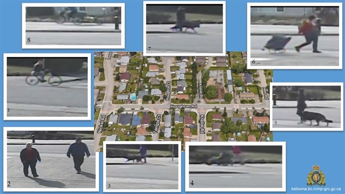 A collection of photographs, taken from video surveillance cameras installed in the area of Houghton Court, Houghton Road and Kneller Road in Kelowna’s Rutland. The eight photographs in total show pedestrians, persons walking their dogs, individuals pushing strollers and pulling carts, as well as bicyclists. The photograph also shows a map of the above mentioned intersection.