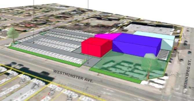 A conceptual drawing of a proposal to build a Granville Island-style market at 249 Westminster Ave. in Penticton.