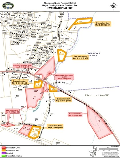 A map of where evacuation orders and alerts are happening in the Lower Nicola region.