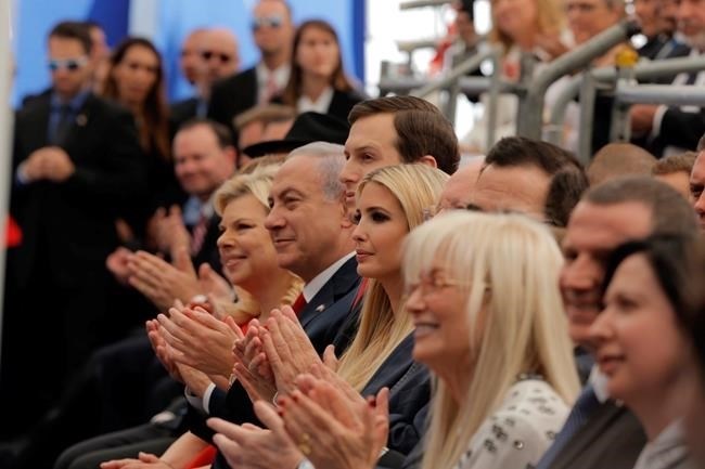 Israel's Prime Minister Benjamin Netanyahu, 2nd left, his wife Sara Netanyahu, left, Senior White House Advisor Jared Kushner, 3rd left, US President's daughter Ivanka Trump, center, US Treasury Secretary Steve Mnuchin, attend the opening ceremony of the new U.S. embassy in Jerusalem, Monday, May 14, 2018.