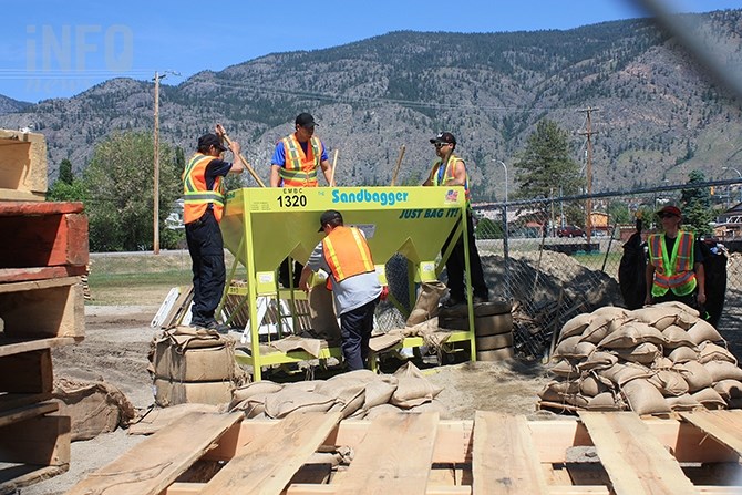 Sandbagging efforts continued in Osoyoos today, May 14, 2018, as sandbag defences were bolstered around the Solana and Harbour Key areas.