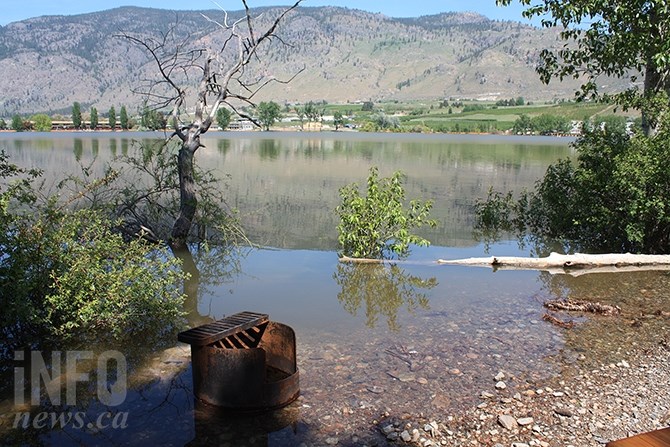 Several campsites were flooded at Haynes Point Provincial Park last week.Tiger dams can be seen lining the Osoyoos shoreline in the background.