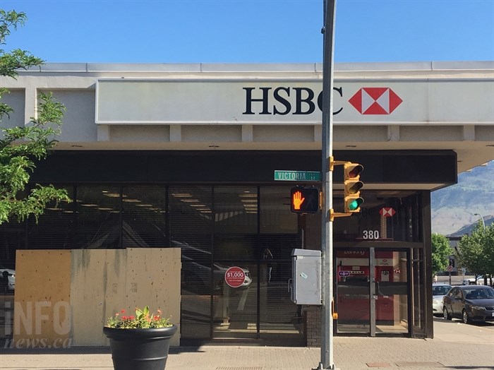Boarded up windows can be seen at the HSBC branch at Victoria Street and 4 Avenue in Kamloops, Tuesday, May 22, 2018. The man responsible was held in a hospital instead of prison after he faced more than a dozen criminal charges.