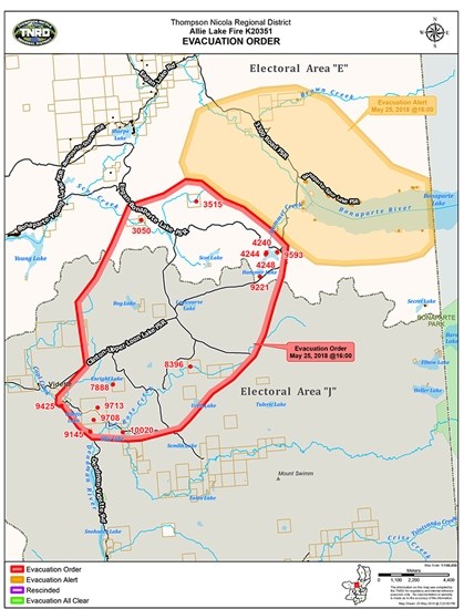 A map of the evacuation orders and alerts near Allie Lake.