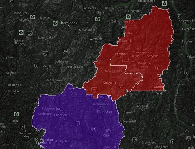 Puncturevine is found in limited areas in the map portion outlined in red, while there is medium risk of spread in the purple area.