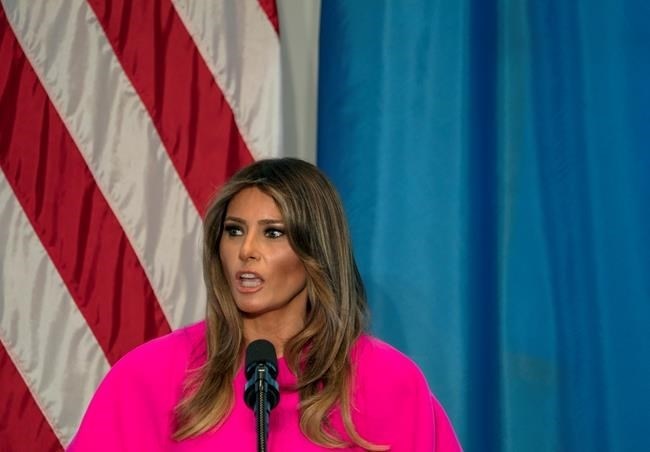 FILE - In this Sept. 20, 2017, file photo, first lady Melania Trump addresses a luncheon at the U.S. Mission to the United Nations in New York. Trump 