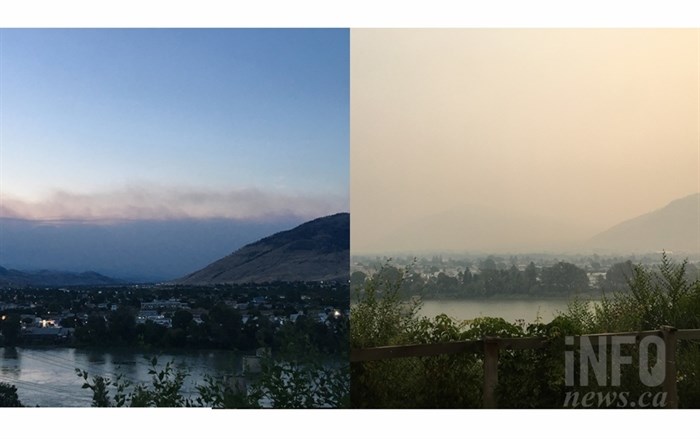 This photo overlooking the Thompson River shows how much smoke moved into Kamloops in a period of 12 hours. The image on the the left was taken on July 9, 2017 at 9:25 p.m. and the image on the right was taken on July 10 at 8:25 a.m.