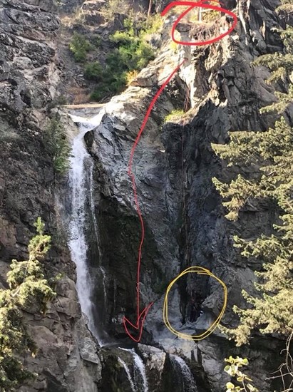 The red circle shows where the man fell from, the yellow shows where he landed.