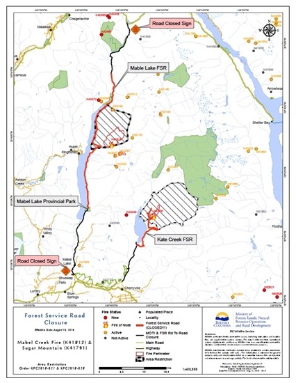 A map showing road closures around Mabel Lake due to wildfire activity in August 2018. 