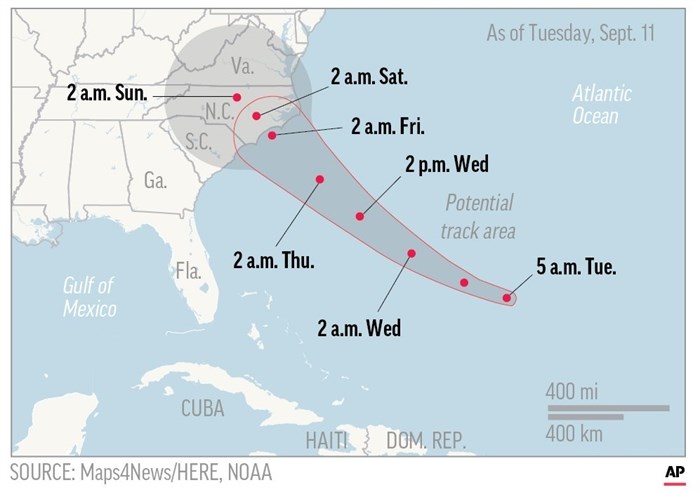 Map shows probable path of Hurricane Florence.