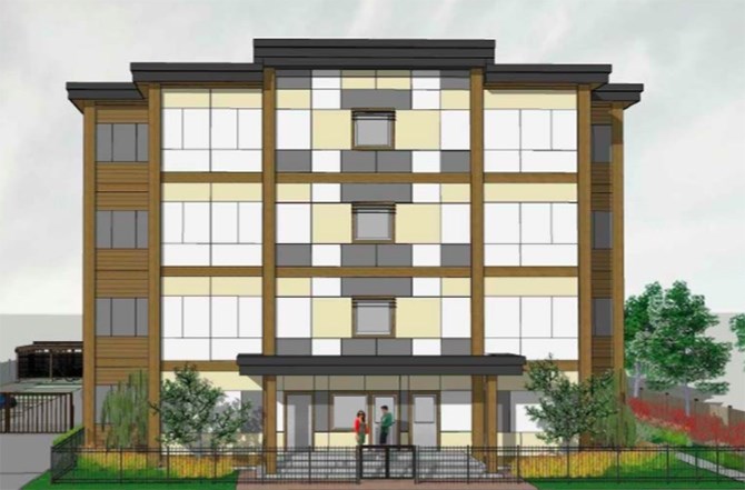 An artist's rendition of a four-storey, 62-unit social housing complex proposed for 594 and 600 Winnipeg St.