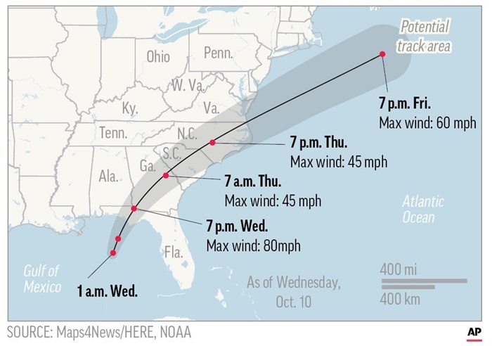 Map shows of probable hurricane Michael.