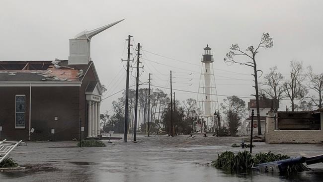 The First Baptist Church of Port St Joe, Fla., was significantly damaged and water remains on the street near the church on Wednesday, Oct. 10, 2018, after Hurricane Michael made landfall in the Florida Panhandle.