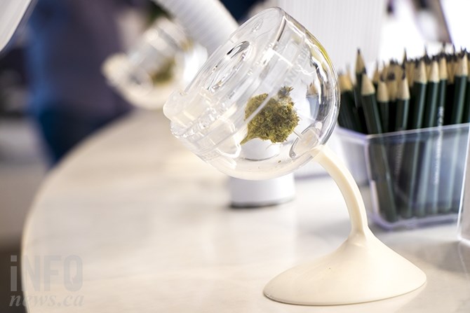 A sample of cannabis is on display at the B.C. Cannabis Store in Kamloops on Oct. 17, 2018. Customers can look through a magnifying glass and smell the product through an opening designed to be smelled. 