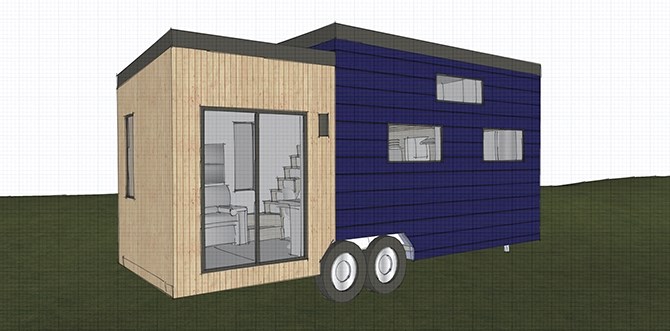 A sketch of Sitka Concept's single bedroom, 192 square foot portable tiny house created for young couples and  known as 